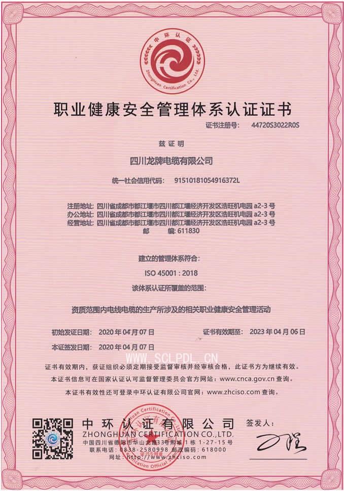 職業(yè)健康安全管理體系認(rèn)證證書
